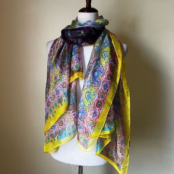 Silky Polyester Scarf Long Sheer Wrap Yellow Pink Paisley Floral Retro Boho